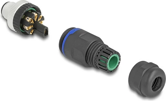 Konektor M12 DeLOCK A-coded 8-pin mashkull, cross-connector, lidhje me vidë, IP67, metal, zi/argjendt