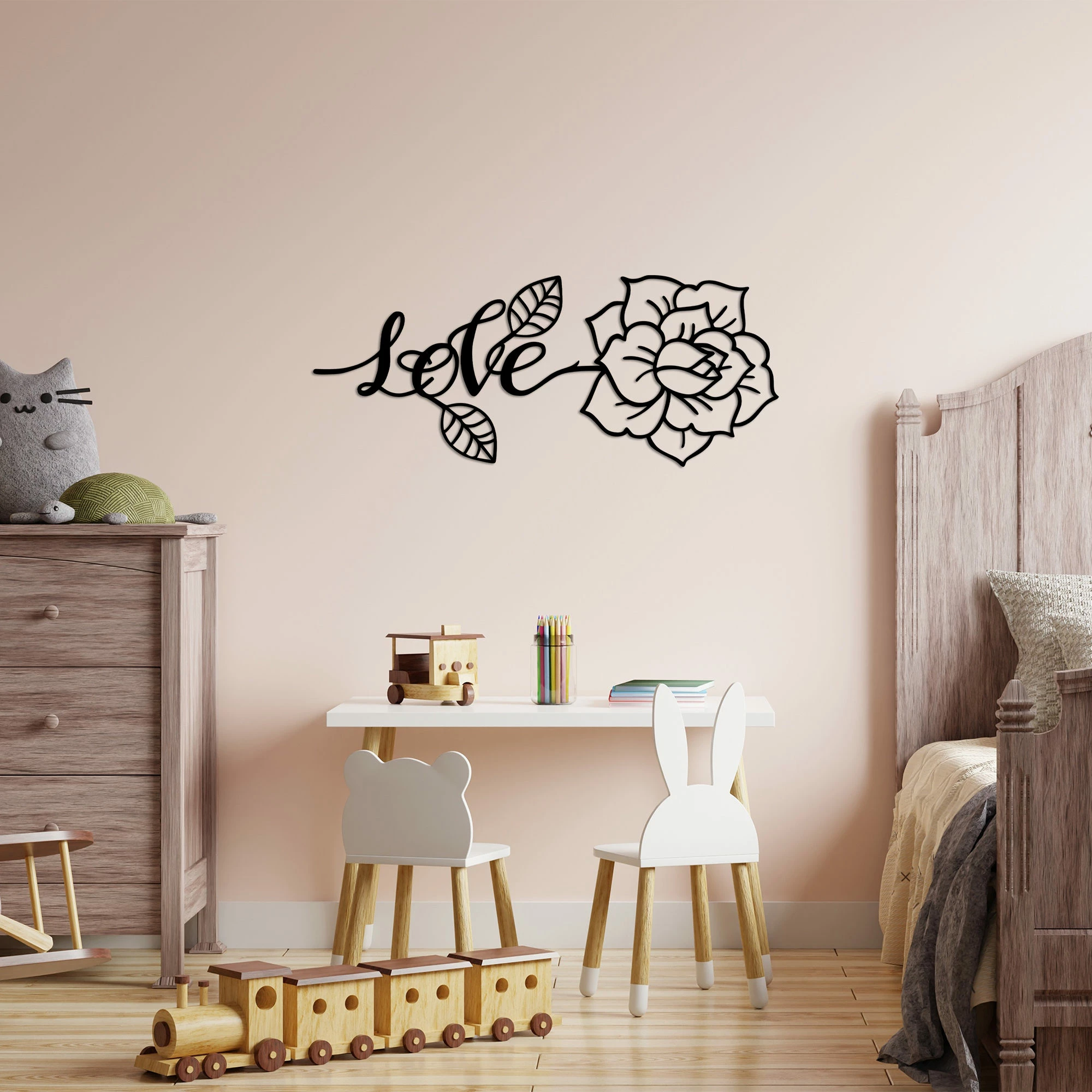 Aksesor dekorativ muri prej metali, Wallity, Love and Flower, ngjyrë e zezë, 80x33cm