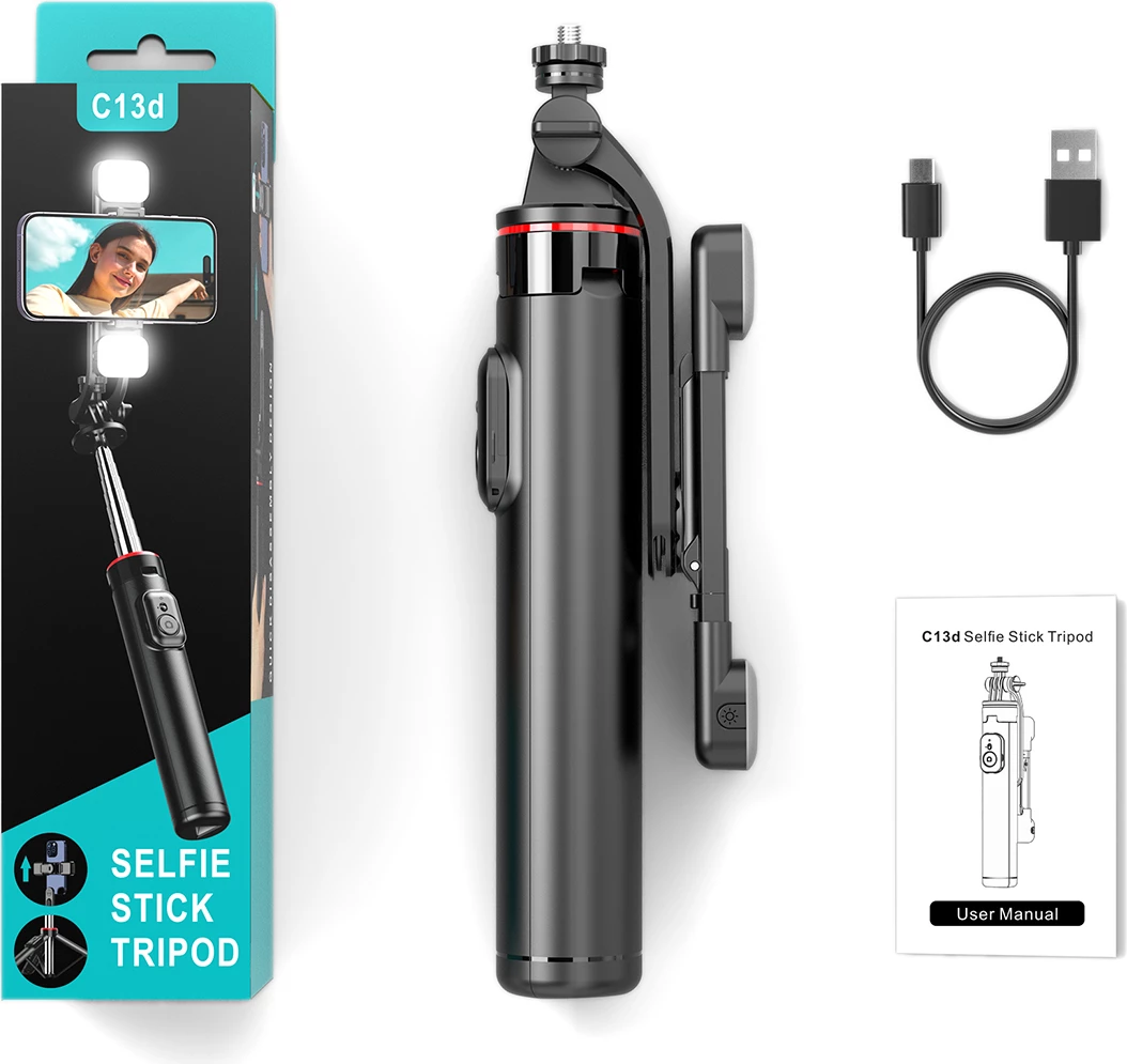 Selfie stick Hurtel WC13YDS tripod teleskopik 1.3m me dy llampa dhe mbajtëse telefoni, zi