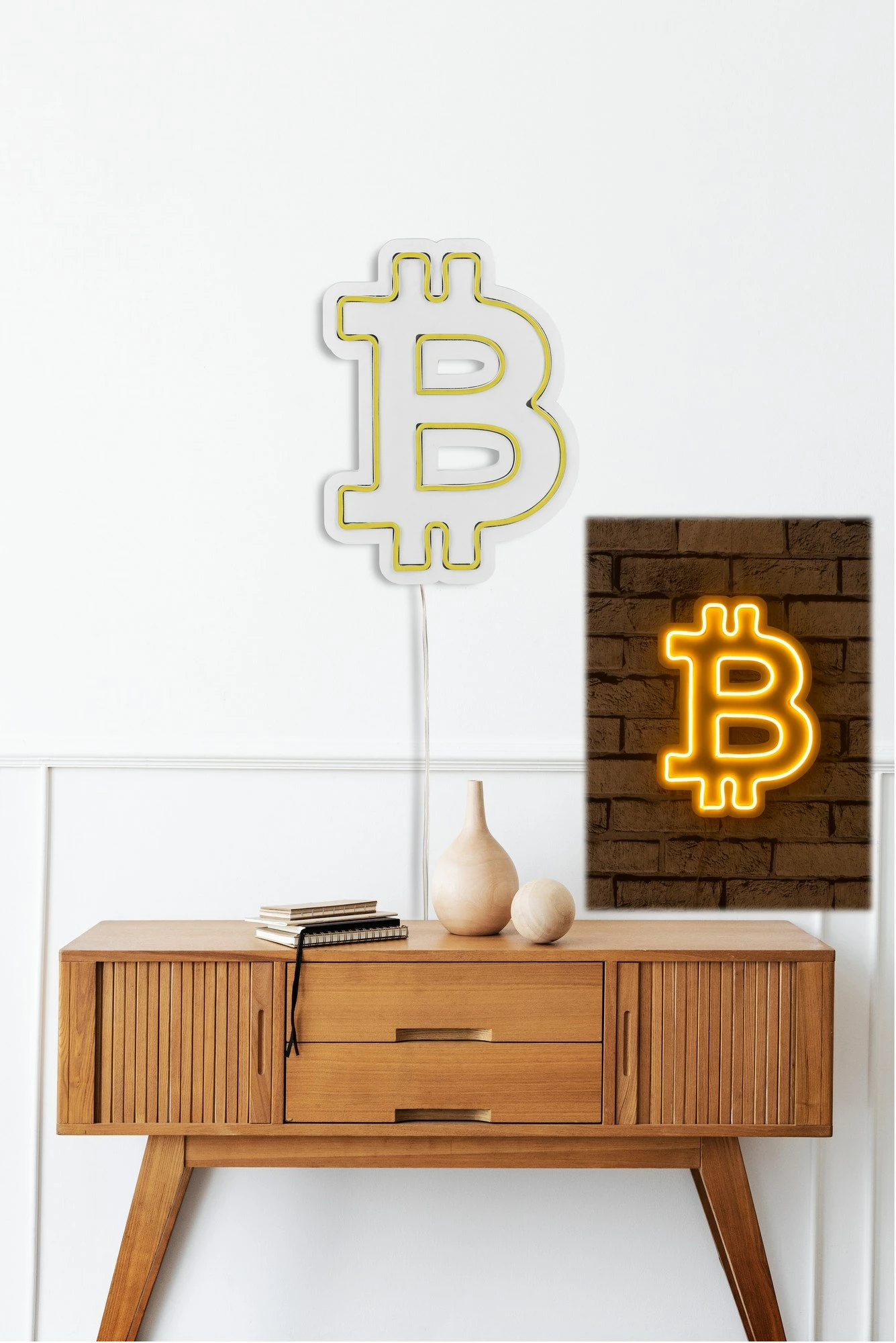 Dritë dekorative plastike LED, simbol Bitcoin, e verdhë