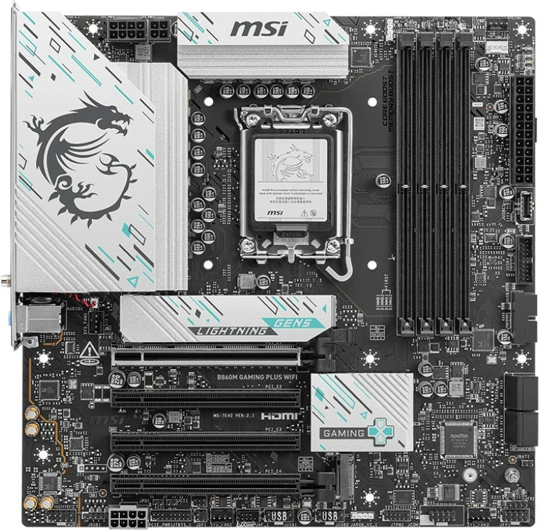 Pllakë amë MSI B860M GAMING PLUS WIFI, LGA1851, DDR5, micro ATX, Wi-Fi 7, E zezë/argjendtë