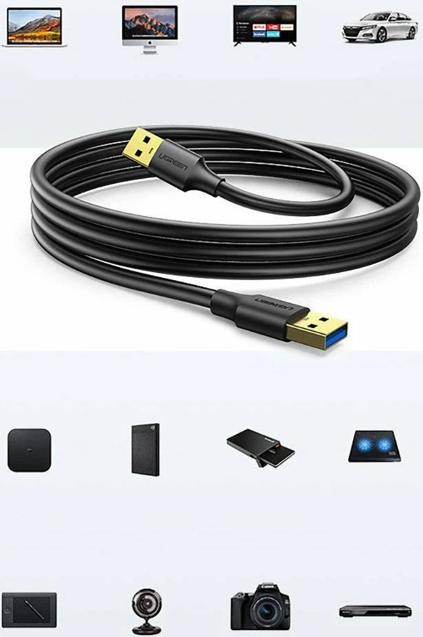 Kabllo USB-A në USB-A Ugreen 90576, 3 m, USB 3.2 Gen 1 (5 Gbps), e zezë