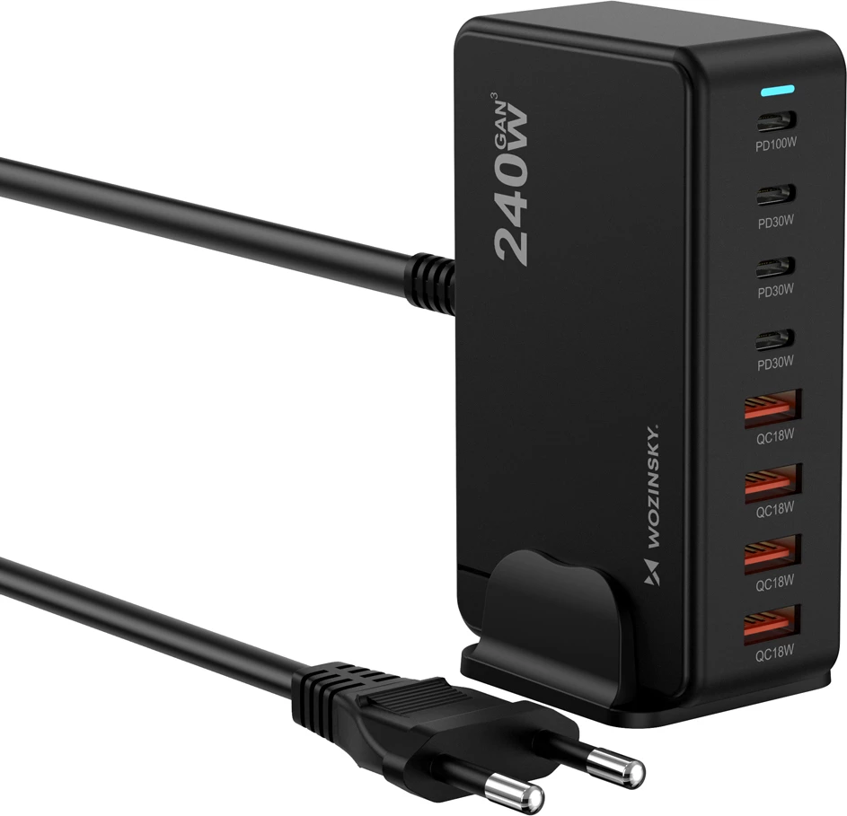 Stacion karikimi Wozinsky WSL-240 240W GaN, USB-C PD 100W + 3x30W, 4xUSB-A QC3, i zi