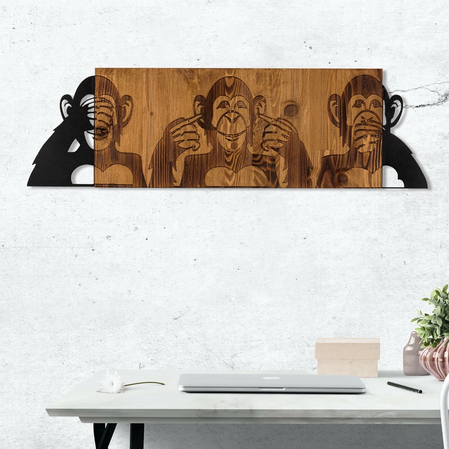 Aksesor dekorativ për mur, dru dhe metal, majmunët 'nuk pashë, nuk dëgjova, nuk di', ngjyrë e zezë dhe arre, 82x58cm