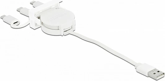 Kabllo DeLOCK Easy 45 USB 2.0 3-n-1 retraktabile, USB-A në USB-C/Micro USB/Lightning, 0.5 m, 2A, e bardhë