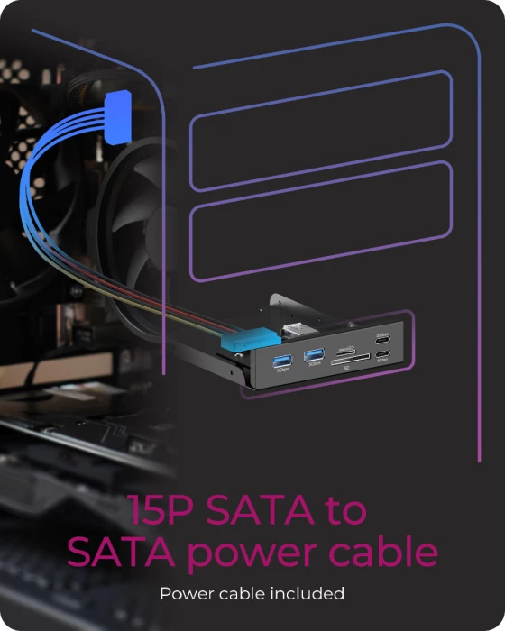 HUB USB për slot 3.5\" ICYBOX IB-HUB1419-i3, USB-E, USB-C 20 Gbit/s, 2x USB-A 5 Gbit/s, lexues SD/microSD, i zi