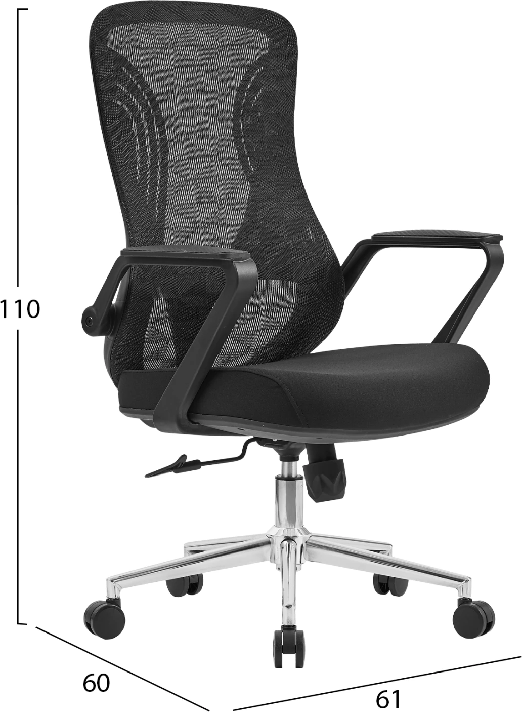 Karrige zyre DECIFER FH1212.01, rrjetë e zezë, bazë kromi, 61x60x110cm