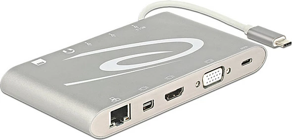 Docking station USB-C DeLOCK 87298, HDMI/miniDP/VGA, RJ-45, 3x USB-A, SD/microSD, 3.5mm, argjendtë