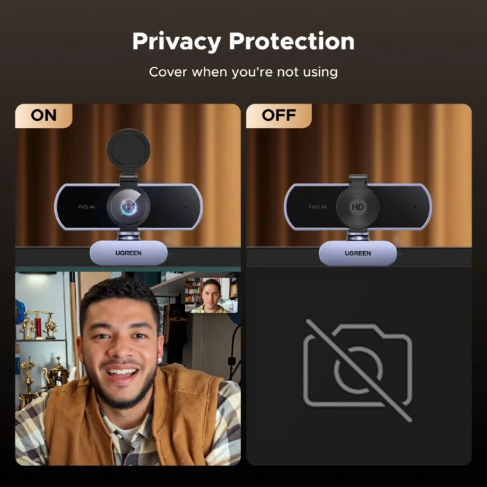 Webcam UGREEN 65381 4K 30fps / 1080p 60fps me 2 mikrofonë, kapak privatësie, adapter USB-A në USB-C