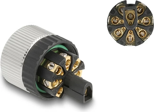 Konektor DeLOCK M12 A-coded 8-pin femër, cross-connector, IP67, metal, lidhje me vidë, zi/argjend