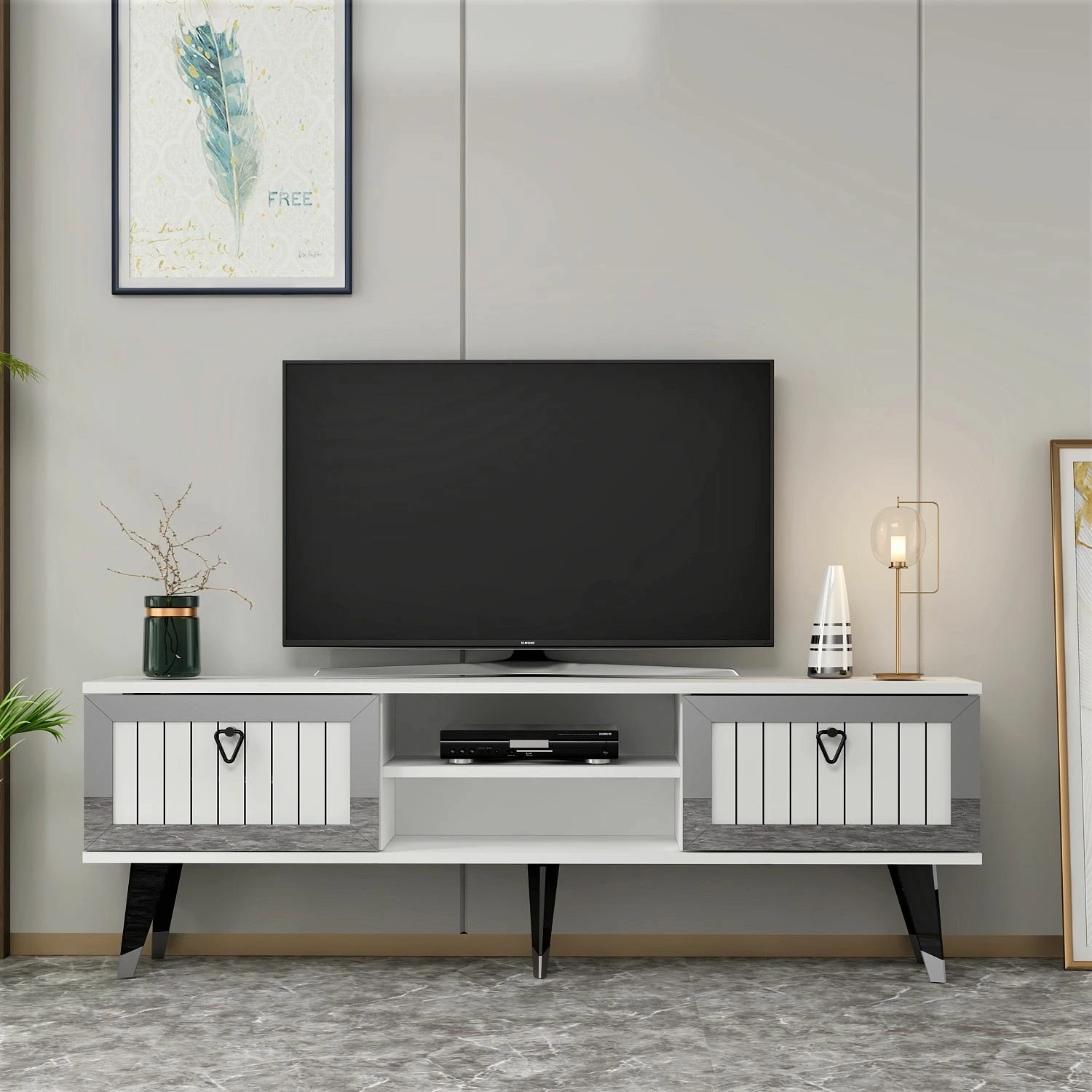 Komodë TV Skye Decor, Lidya, e bardhë, argjend