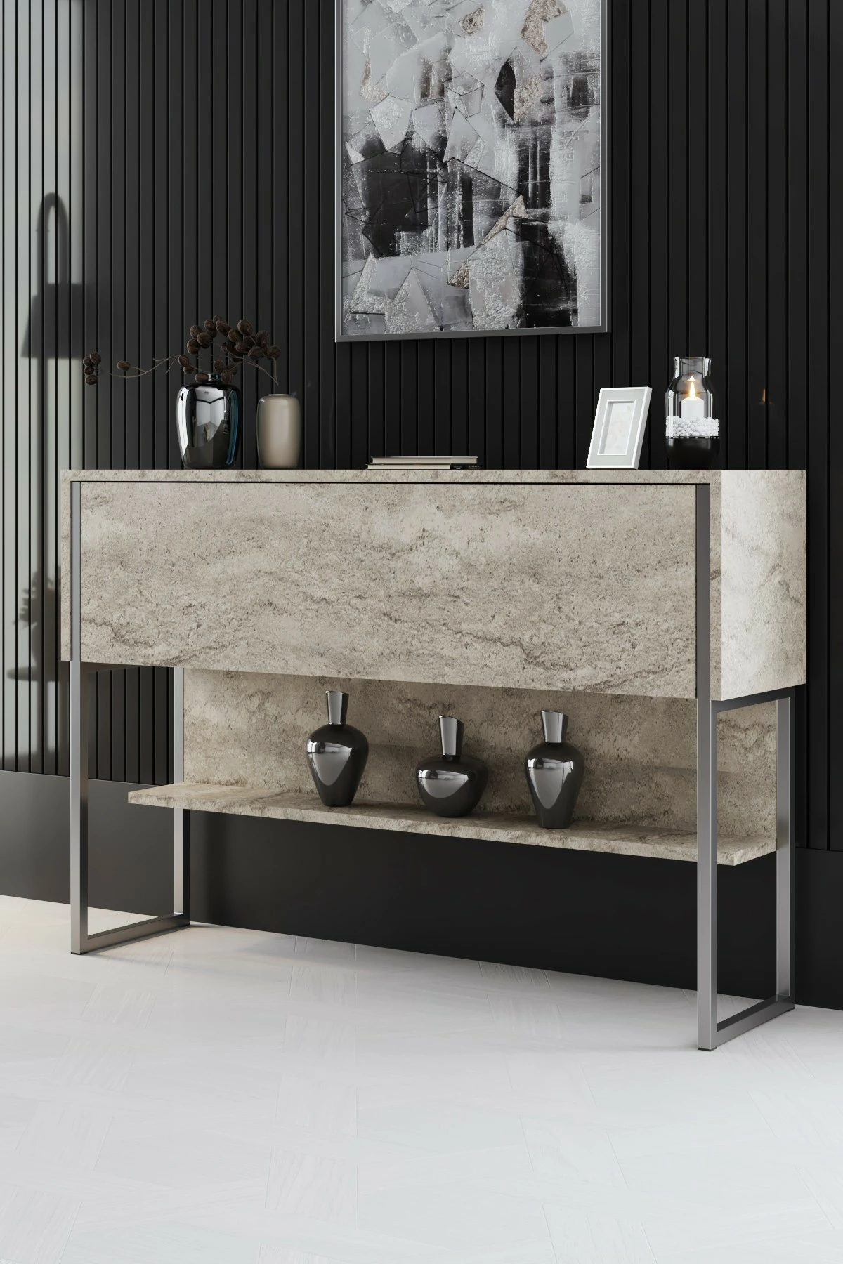 Komodë Hanah Home, Luxe, travertin dhe argjend