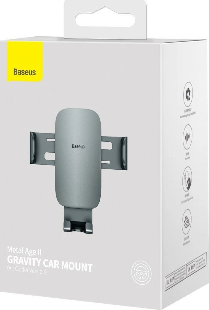 Mbajtës celulari për veturë Baseus Metal Age II SUJS000013, gravity, për grilë ventilimi, metal, gri e errët