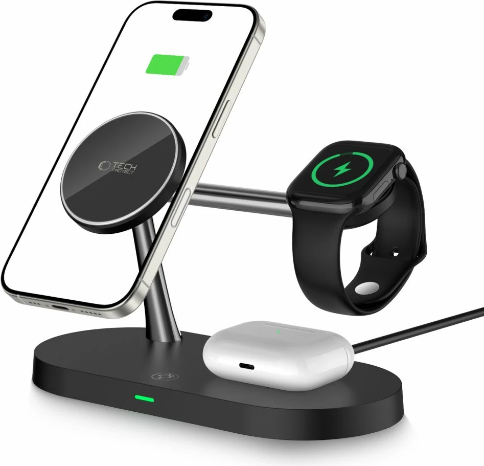 Karikues induktiv 3-në-1 Tech-Protect A12 me MagSafe, për smartphone/kufje/smartwatch, i zi