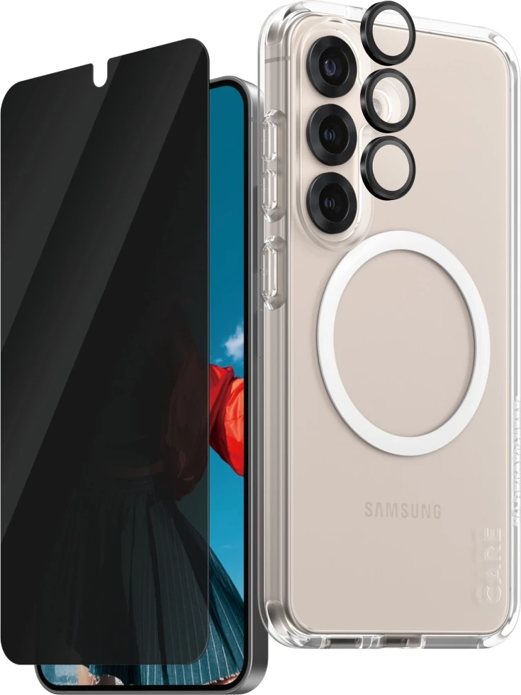 Mbështjellës PanzerGlass CARE Flagship 3in1 me xham privatësie dhe mbrojtës lente për Samsung Galaxy S25, Transparent