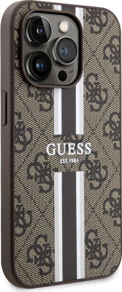 Mbështjellës Guess GUHMP14LP4RPSW për iPhone 14 Pro 6.1", 4G Printed Stripes MagSafe, Kafe