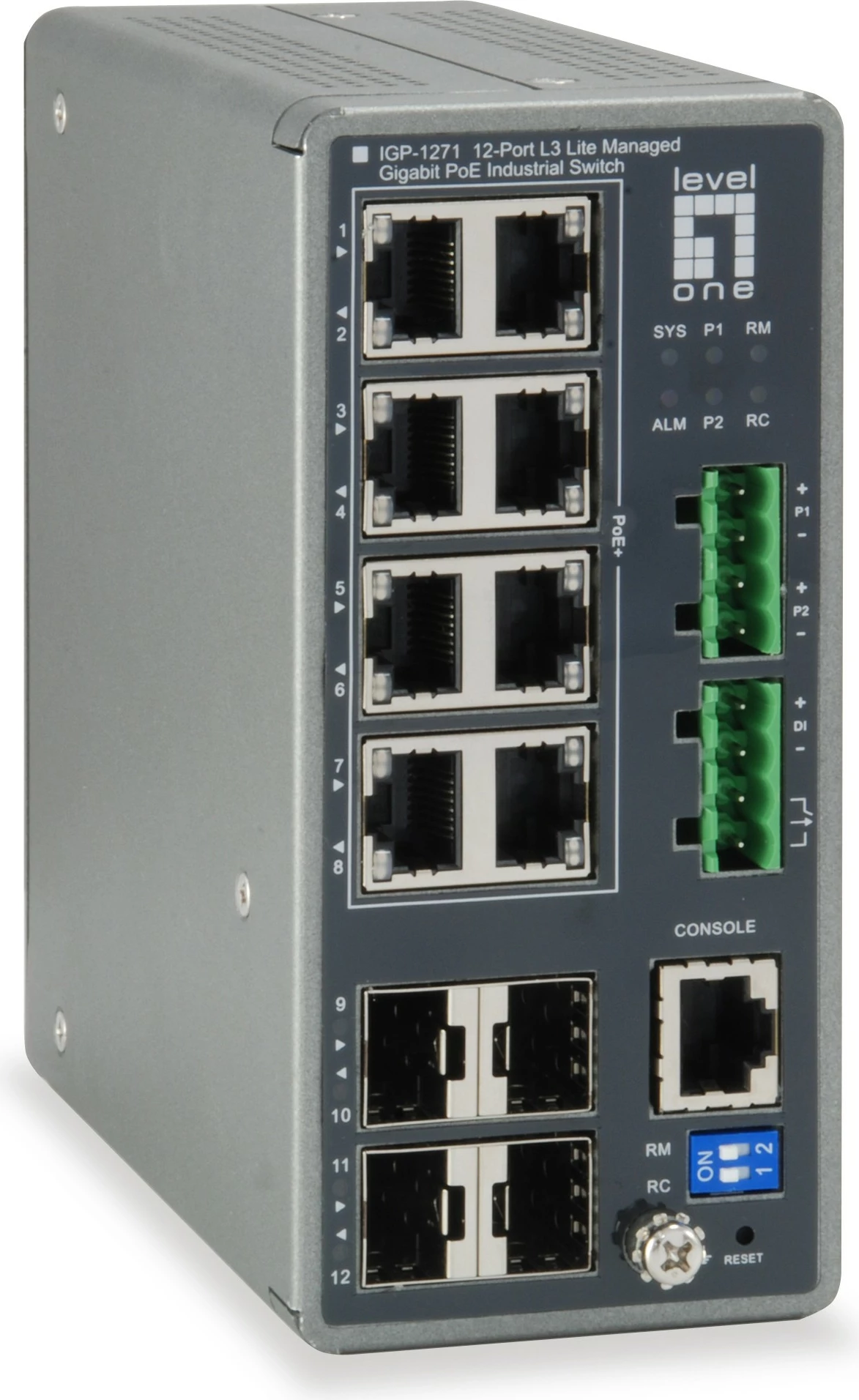 Switch LevelOne TURING 12-Port L3 Lite Managed Gigabit Industrial, 8 PoE Outputs, 240W