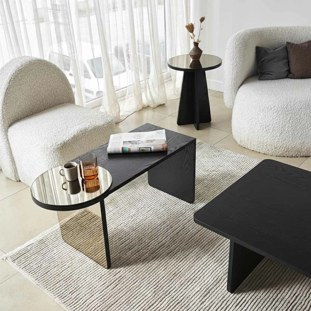 Set tavolinash ndihmëse, 4 copë, ngjyrë e zezë dhe bronzi, Skye Decor Luna
