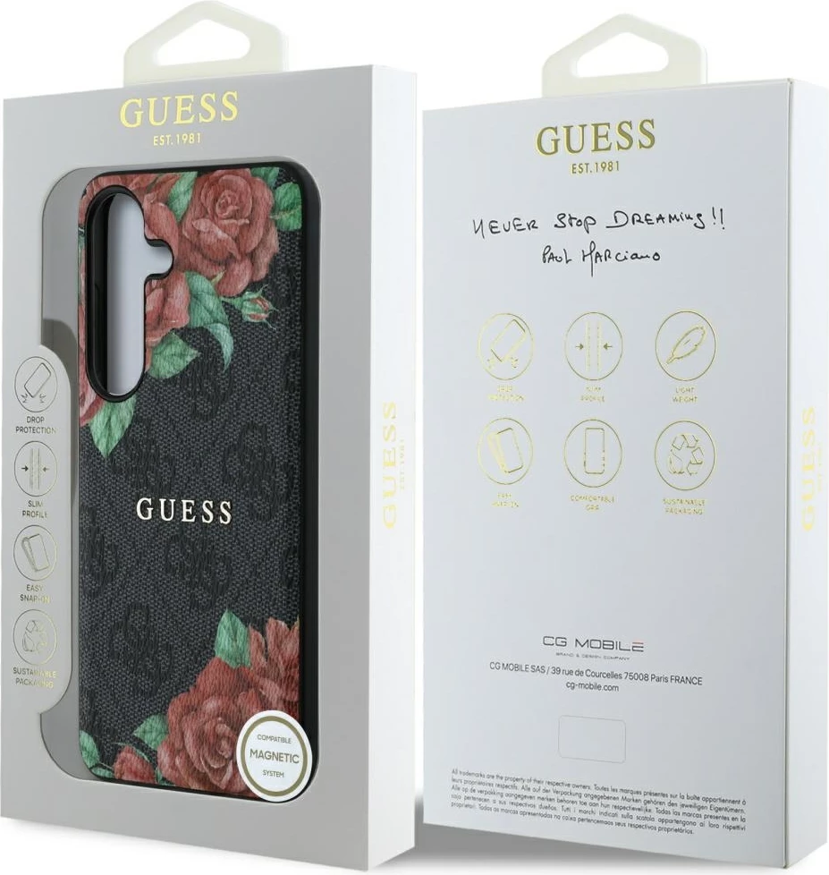 Mbështjellës Guess Leather 4G Flowers Print Metal Classic Logo MagSafe për Samsung Galaxy S25, Zi