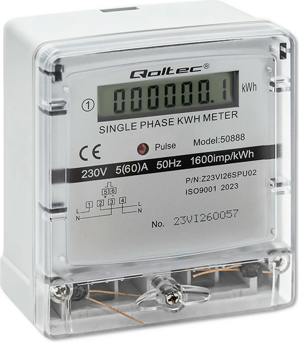 Matës energjie Qoltec 50888, njëfazësh, LCD, 230V, Gri