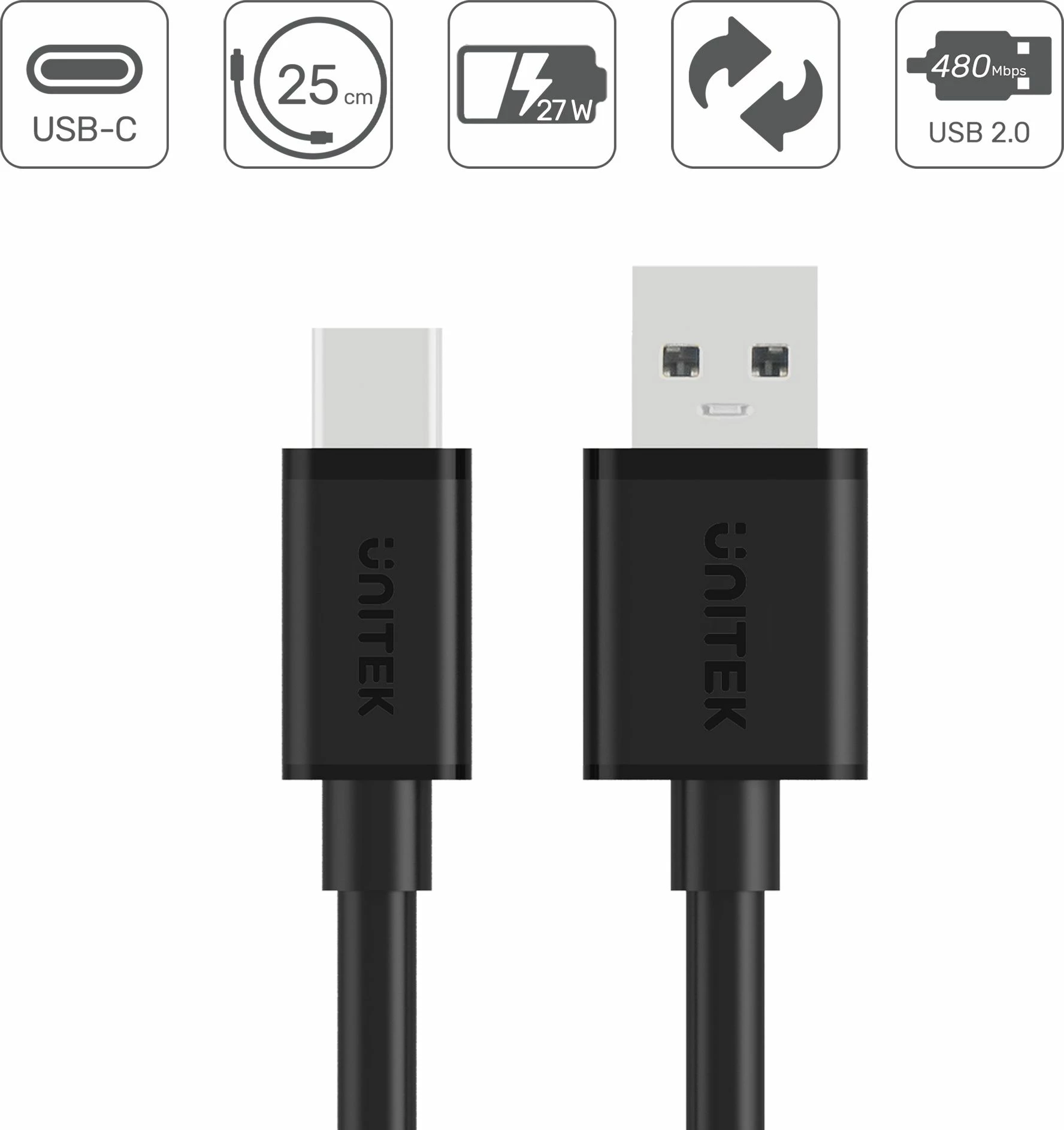 Kabllo USB Unitek Y-C480BK 0.25 m USB-A në USB-C USB 2.0, i zi