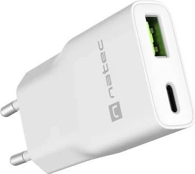 Karikues Natec Ribera GaN Slim 20W, USB-A USB-C, bardhë