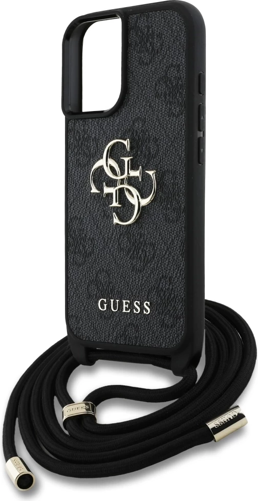 Mbështjellës Guess 4G Big Logo Cord Stap Crossbody për iPhone 16, i zi
