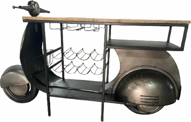 Konsol bar në formë skuter, metal gunmetal, dru natyral, 183x51x102