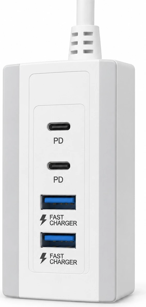 Power Socket 25W me 2x USB-C PD dhe 2x USB-A Fast Charge – I Bardhë