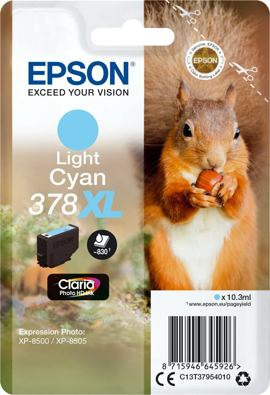 Toner Epson Squirrel Singlepack Light Cyan 378XL, Claria Photo HD, XL, 10.3 ml