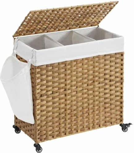 Shportë rrobash SONGMICS LCB363N01 140 L 66 x 33 x 60 cm me kapak, 3 ndarje, me rrota, natyrale