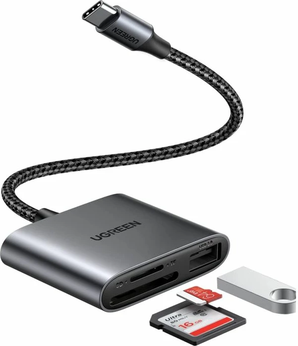 Lexues kartelash USB-C UGREEN 80798 3-në-1 SD/microSD + USB-A, 5Gbps, gri