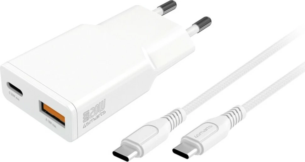 Karikues rrjeti 4smarts PDPlug Slim Duos 20W GaN, 1x USB-C + 1x USB-A, kabllo USB-C 1.5m, i bardhë