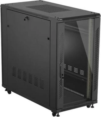 Kabinet rack dysheme 19", Lanberg FF01-6222-12B, 22U, 600x1200 mm, derë xhami, ngarkesë 800 kg, IP20, Flat Pack, e zezë