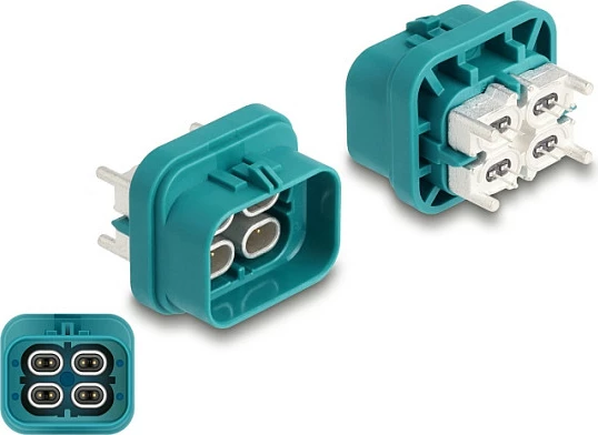 Konektor DeLOCK HDMTD quad female për PCB, IP67/IP69K, 100 Ω, 14×22 mm, aqua