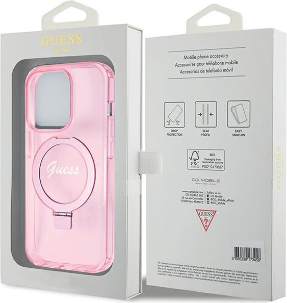 Mbështjellës Guess Ring Stand Script Glitter MagSafe për iPhone 15 Pro, Rozë