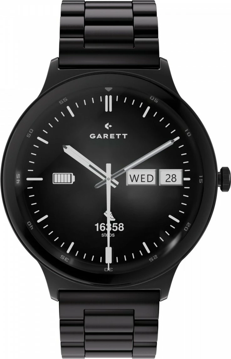 Smartwatch Garett Quantum AMOLED 1.43\" Bluetooth IP68, zi, set me byzylyk çelik + rrip lëkure i zi + dokë karikimi USB