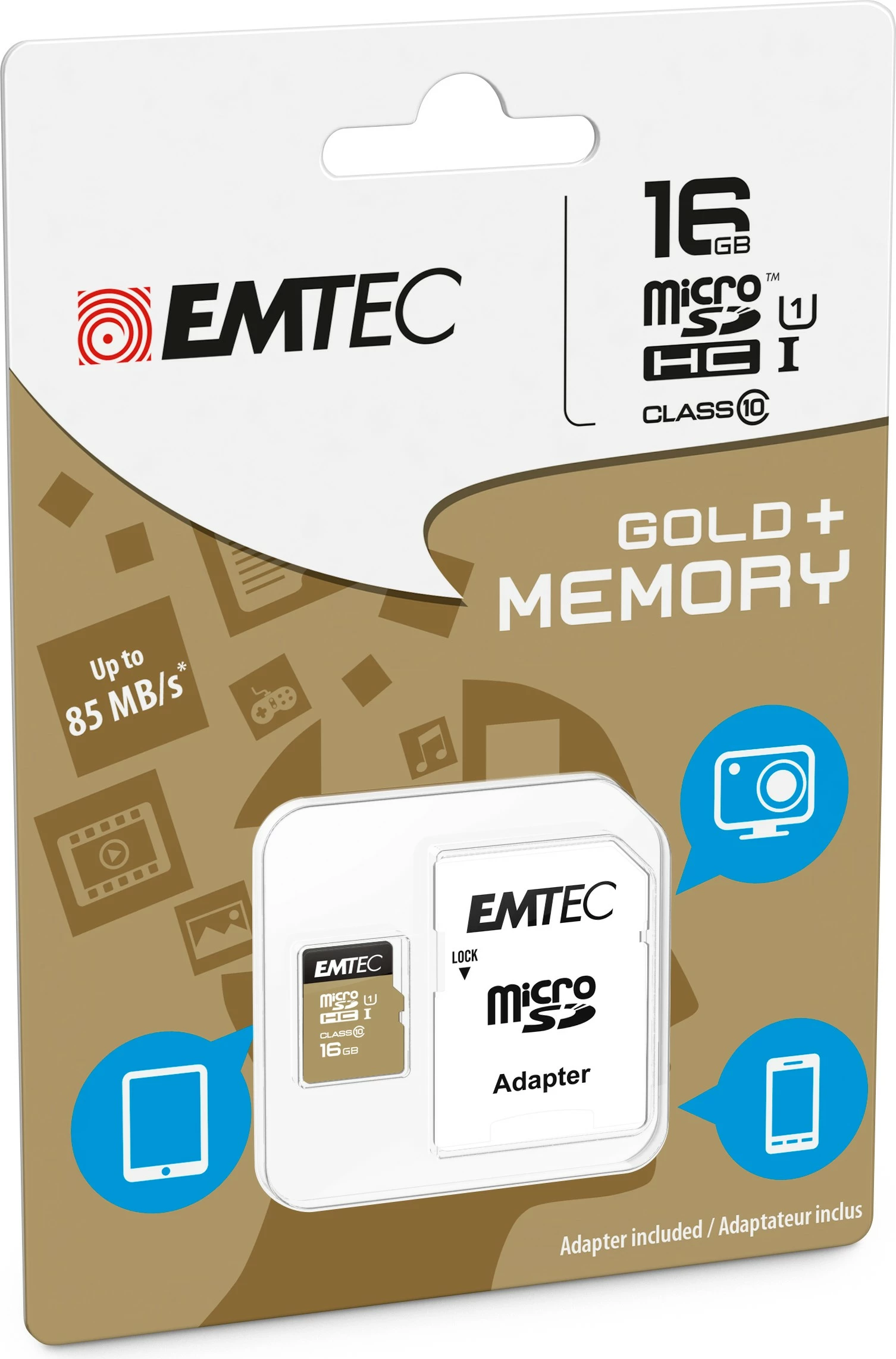 Kartelë memorie EMTEC microSDHC 16GB Class 10, 85MB/s, kaltër/artë