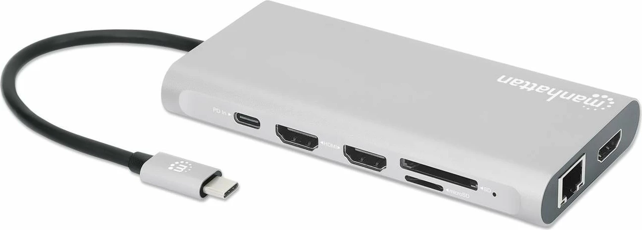 Docking station MANHATTAN 12-in-1, 3x HDMI, 4x USB, USB-C, DP, RJ45, gri