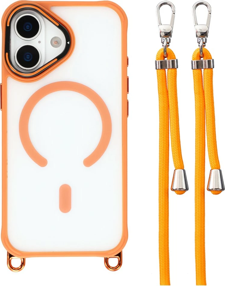 Mbështjellës Hurtel për iPhone 17, MagSafe, me litar crossbody të rregullueshëm, me stand te korniza e kamerës, portokalli