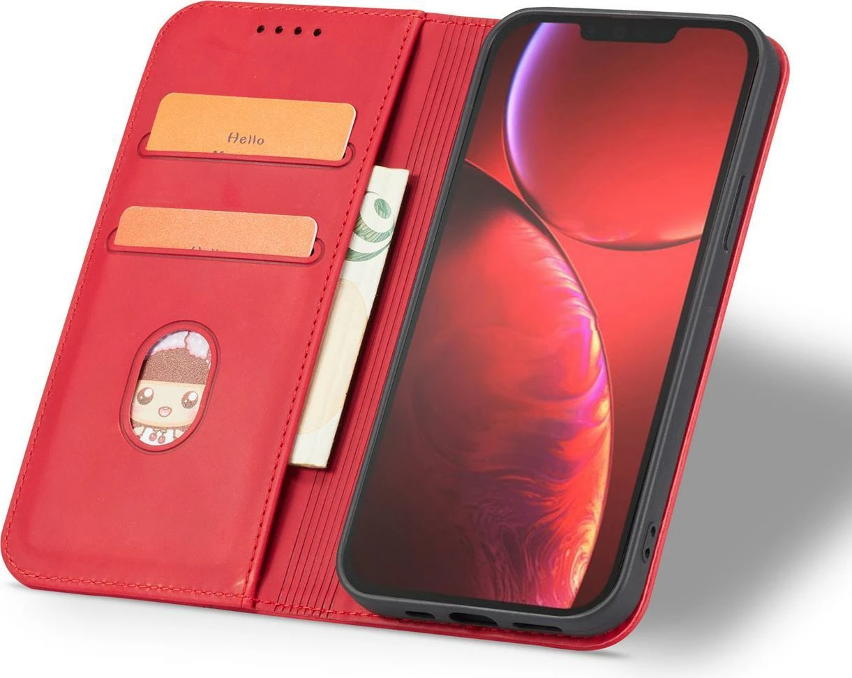 Mbështjellës Hurtel Magnet Fancy Case për iPhone 14 Pro Max, me portofol dhe mbajtëse, Kuq