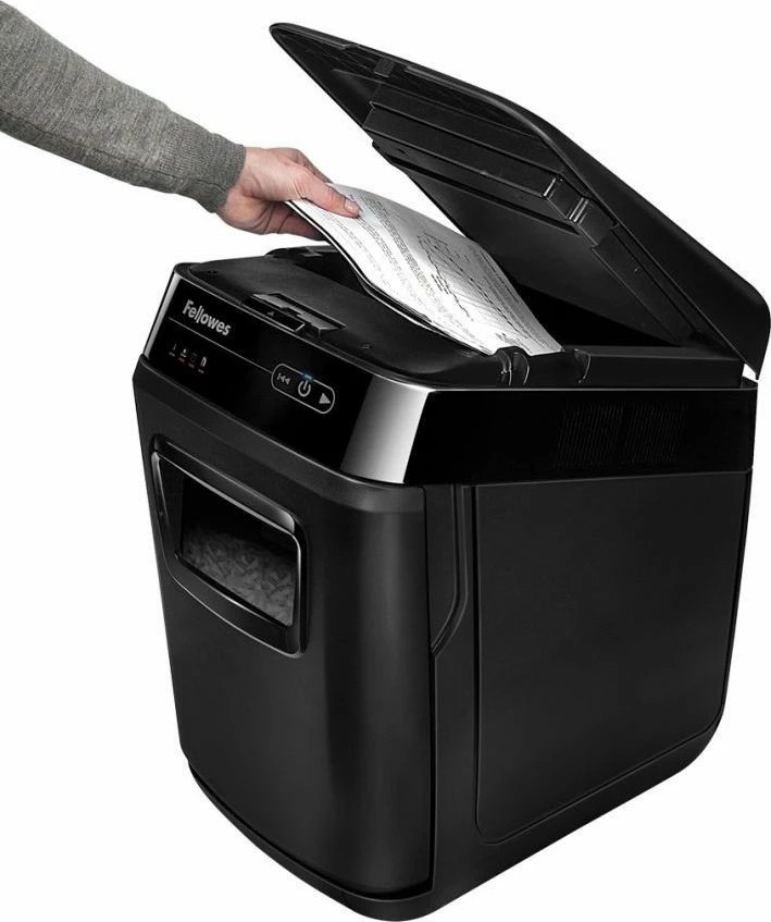 Grirës dokumentesh Fellowes AutoMax 200C, P-4, auto-furnizim 200 fletë, kosh 32 L, prerje 4x38 mm, i zi