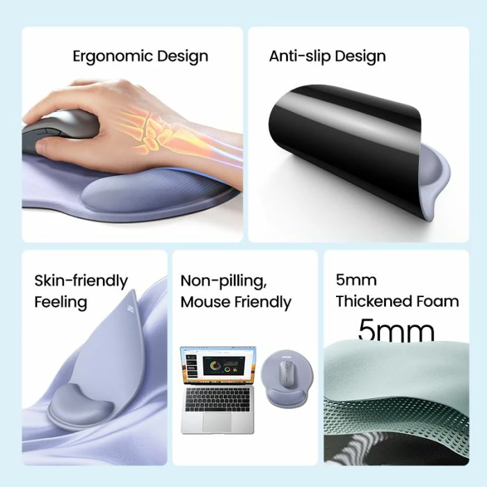 Mauspad ergonomik UGREEN 25244, memory foam, me mbështetje të kyçit, 220 x 245 mm, gri-kaltër