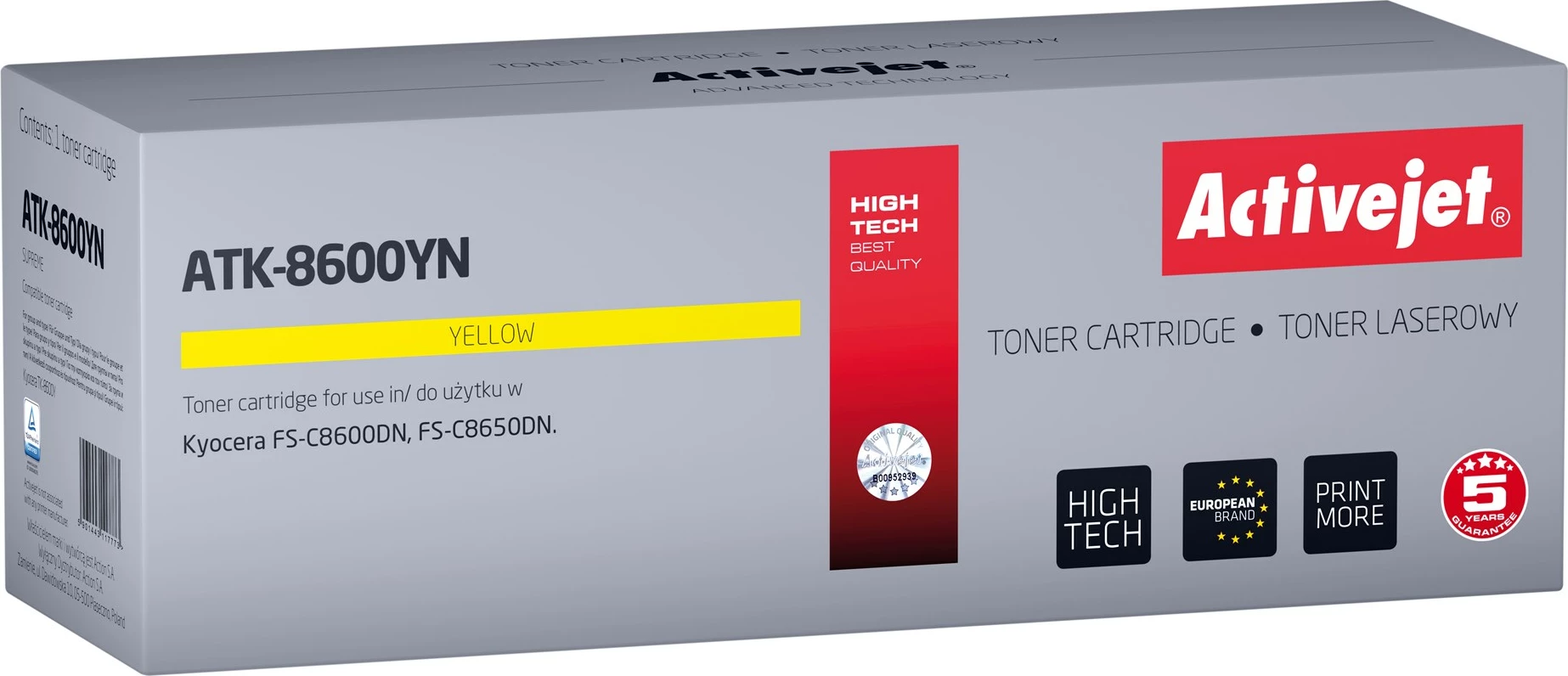 Toner zëvendësues Activejet ATK-8600YN për printer Kyocera, i verdhë