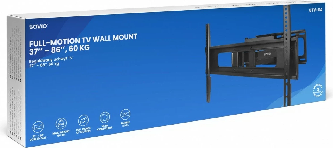 Mbajtëse muri TV, Savio, UTV-04, 37-86 inç, 60 kg, e zezë