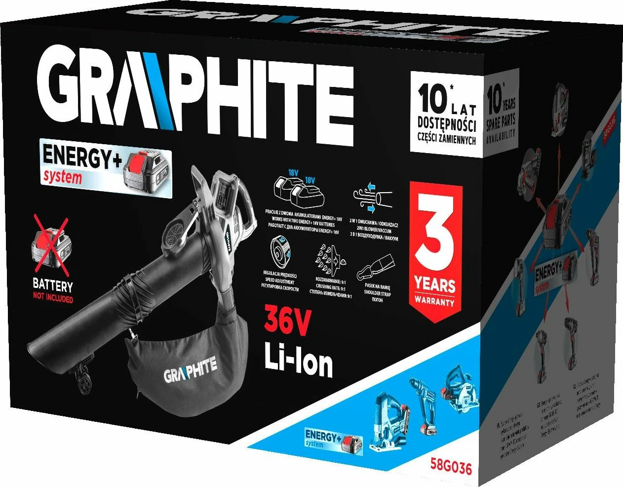 Fshesë thithëse dhe fryrës për gjethe Graphite 58G036, 36V (2x18V), qese 35L, pa bateri, pa karikues