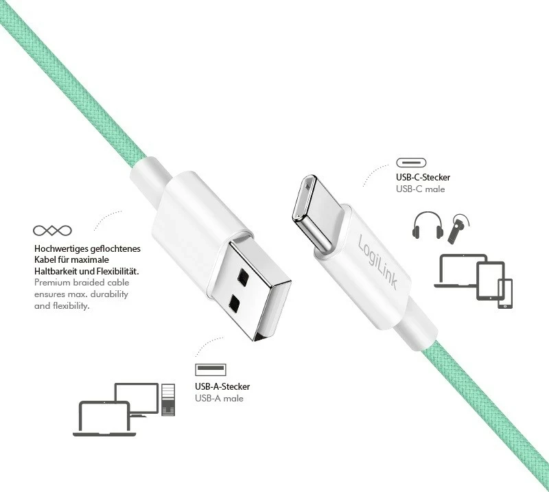 Kabëll LogiLink USB-A në USB-C 1m, najlon, gjelbër