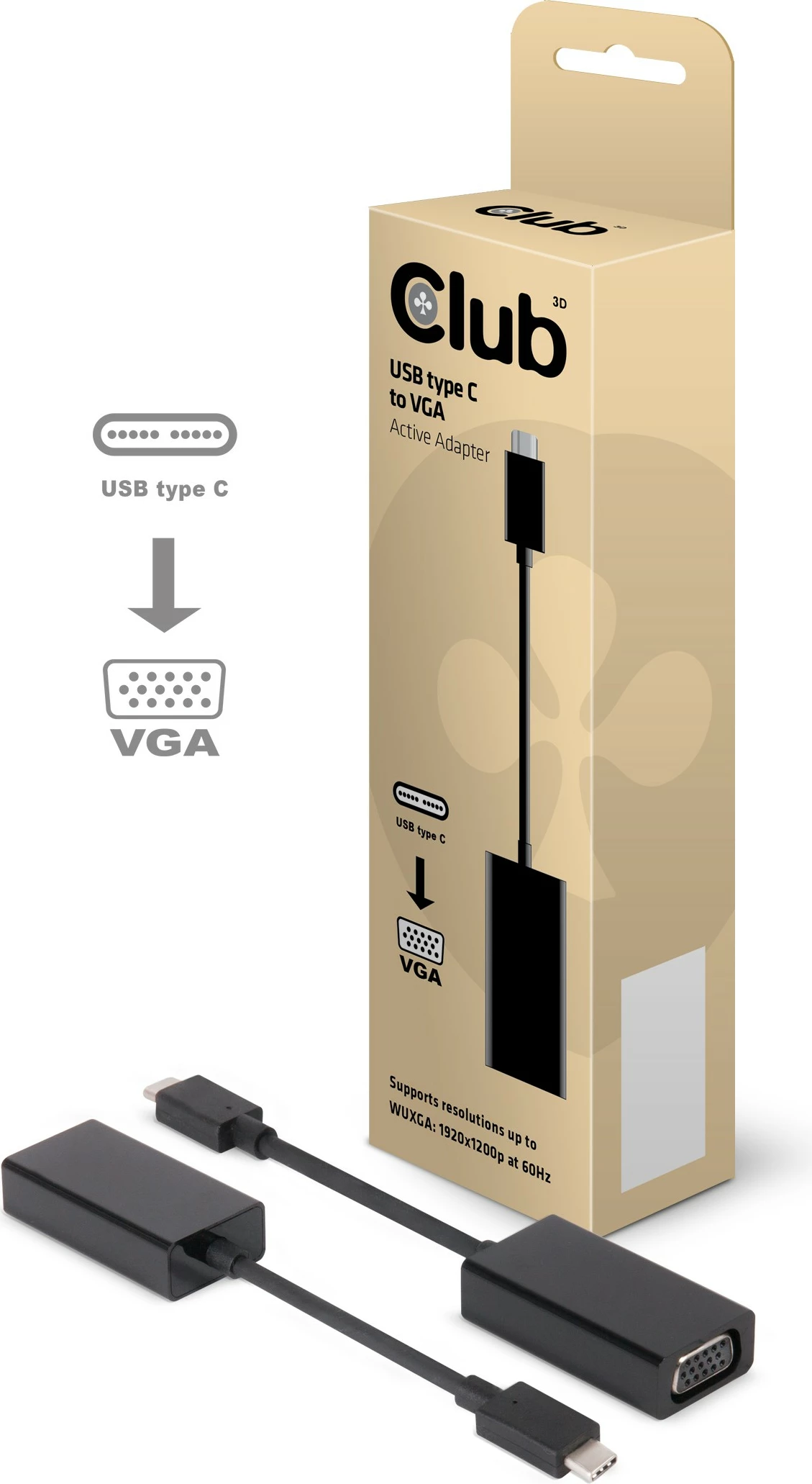 Adapter USB-C në VGA Club 3D, aktiv, 0.15m, i zi