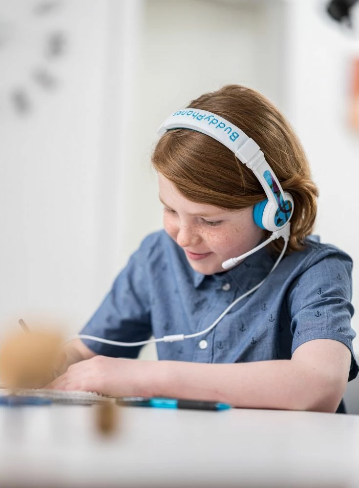Kufje me mikrofon BuddyPhones School+ BP-SCHOOLP-BLUE, 3.5mm, limit 85dB, për fëmijë 3+, blu, me BuddyJack dhe çantë