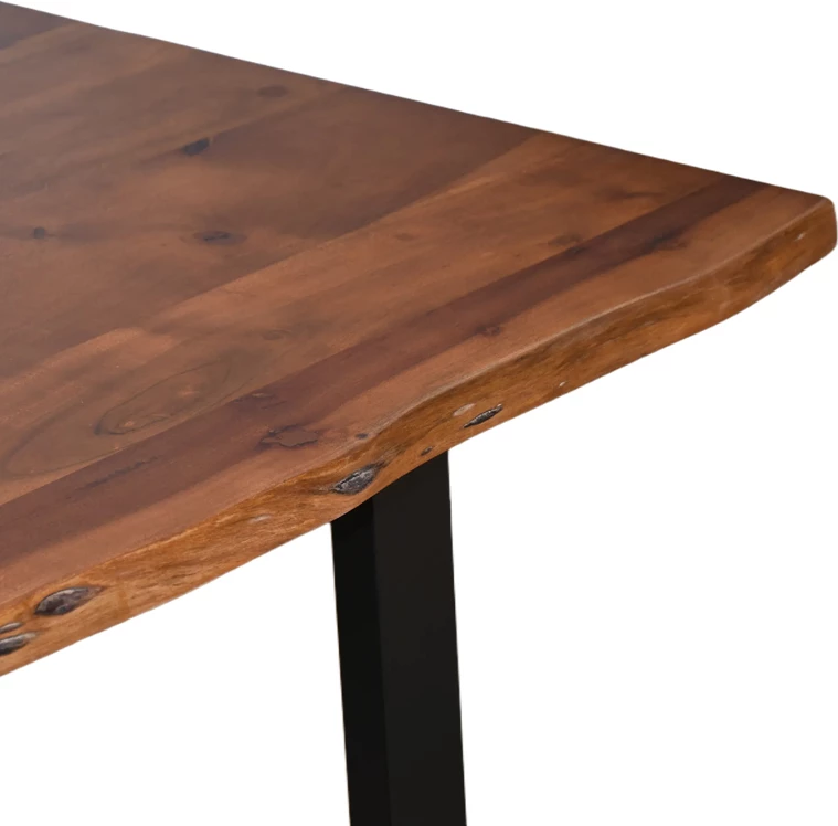Tavolinë Miles, dru akacie masiv, trashësi 3.7-4cm, ngjyrë arre, këmbë metalike të zeza, 160x90x76cm